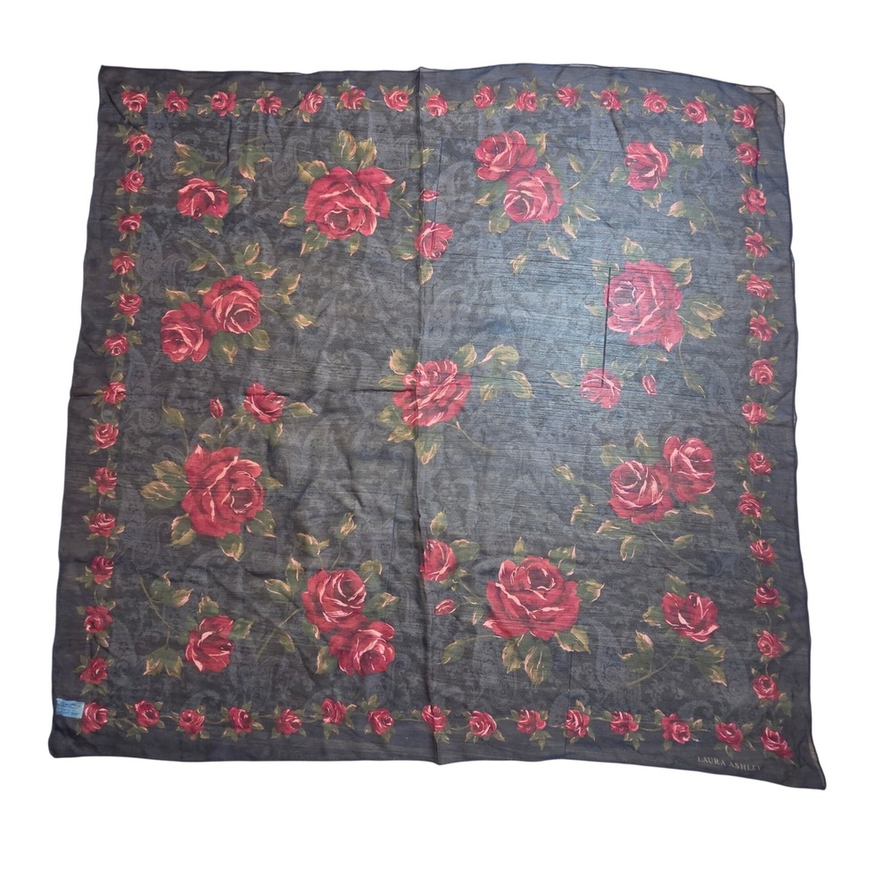 VTG Laura Ashley 100% Silk Square Scarf Red Rose Floral Paisley Japan Cottage